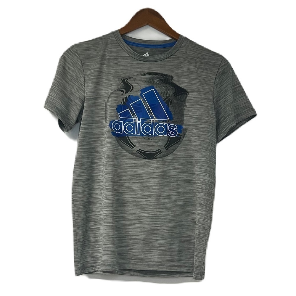 Adidas Boys L gray blue white soccer graphic logo short sleeve tee sporty active